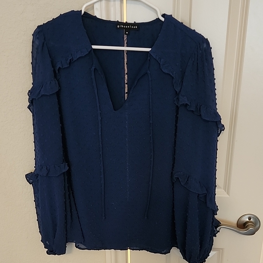 Gibson Navy Blue Ruffled Sleeve Crew Neck Blouse